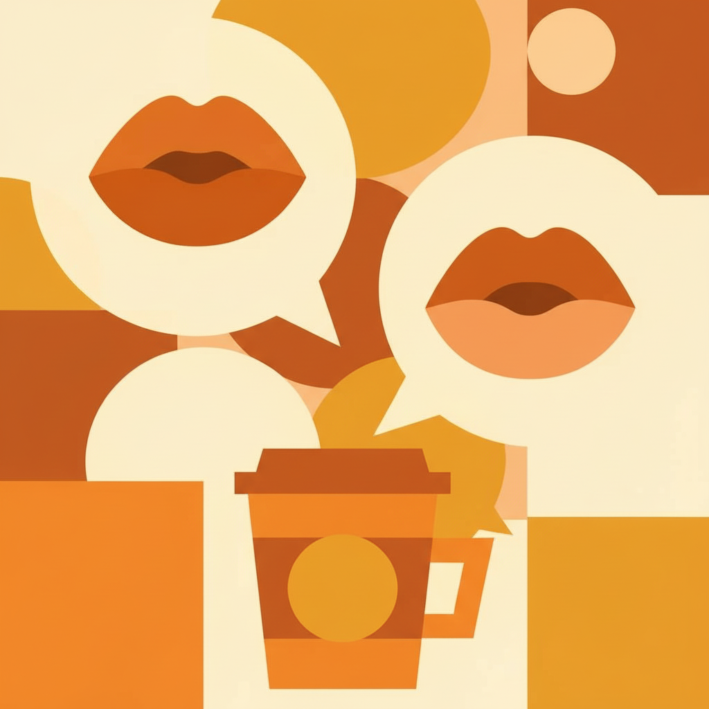 Two speech bubbles with mouths talking above a to-go coffee cup — people meeting over coffee